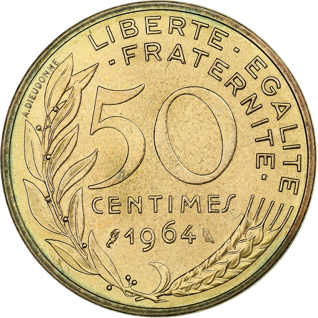 France, 50 Centimes, Marianne, 1964, Paris, Aluminum-Bronze, EF(40-45)