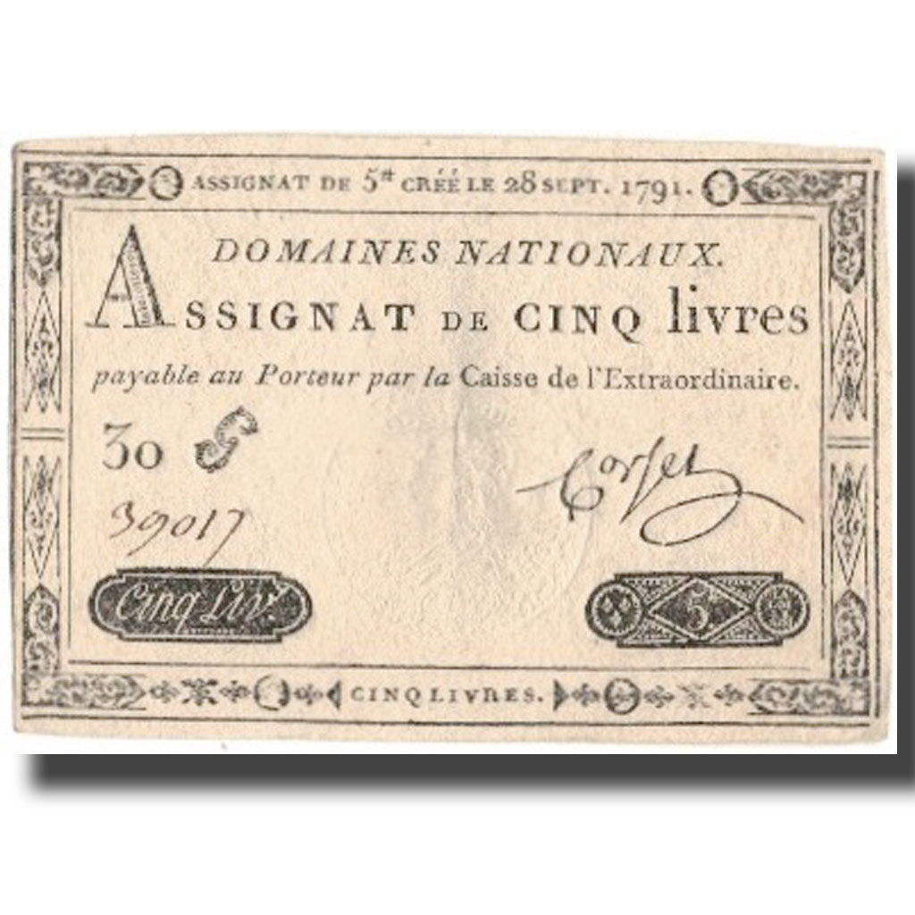France, 5 Livres, 1791, Corset, 1791-09-28, TTB+, KM:A49, Lafaurie:144