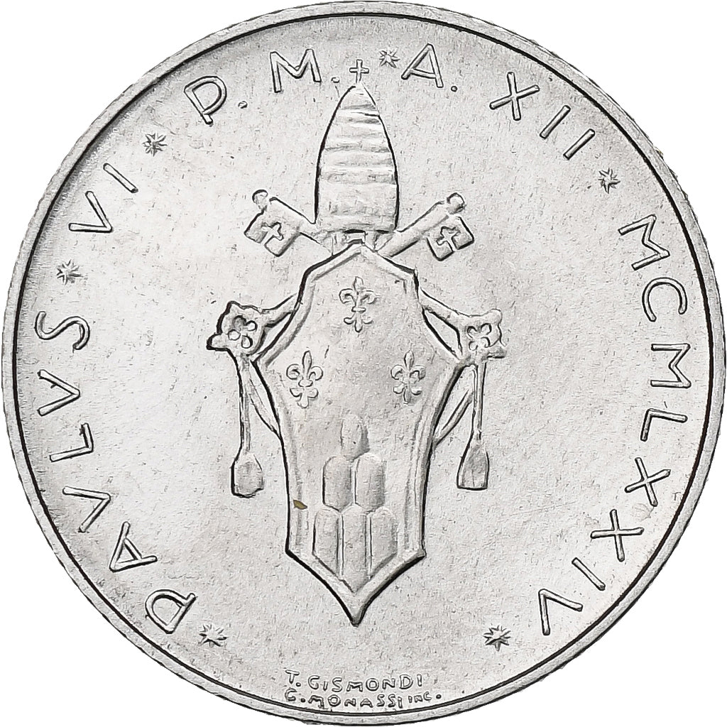Vaticano, Paul VI, 2 Lire, 1974 / Anno XII, Rome, Aluminio, SC+, KM:117