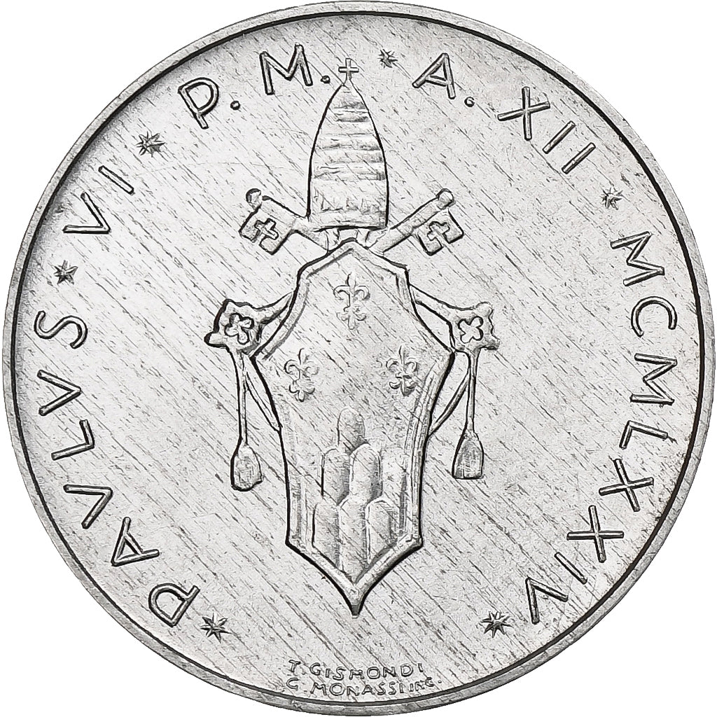 Vaticano, Paul VI, 5 Lire, 1974 / Anno XII, Rome, Alumínio, MS(64), KM:118