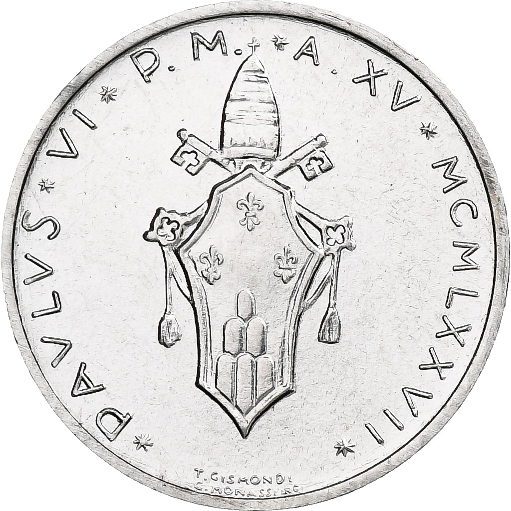 Vaticano, Paul VI, 1 Lire, 1977 - Anno XV, Rome, Alumínio, MS(64), KM:116