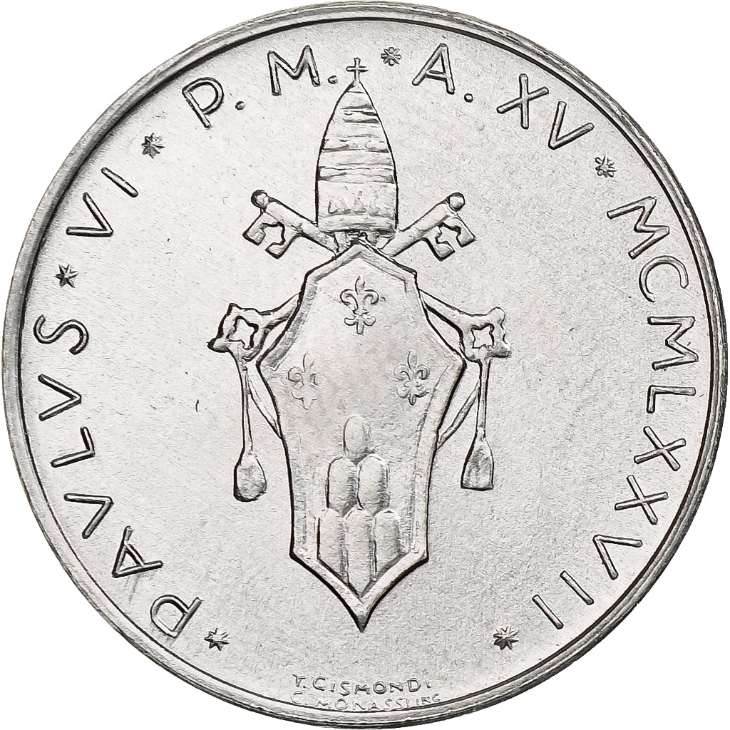 Vaticano, Paul VI, 10 Lire, 1977 - Anno XV, Rome, Alumínio, MS(64), KM:119