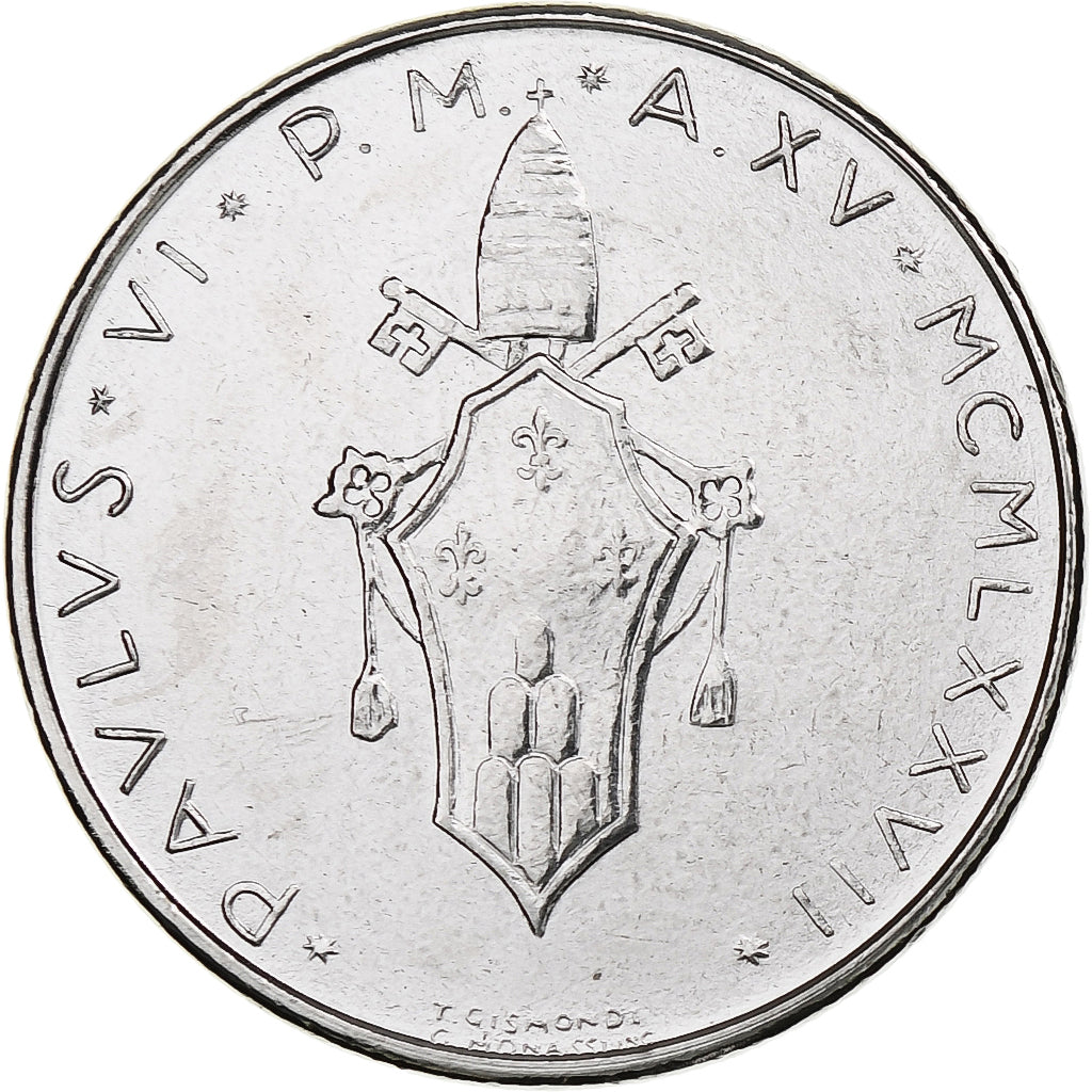 Vaticano, Paul VI, 50 Lire, 1977 - Anno XV, Rome, Aço Inoxidável, MS(64)