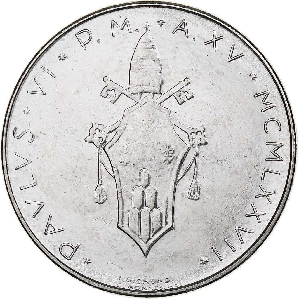 Vaticano, Paul VI, 100 Lire, 1977 - Anno XV, Rome, Aço Inoxidável, MS(64)