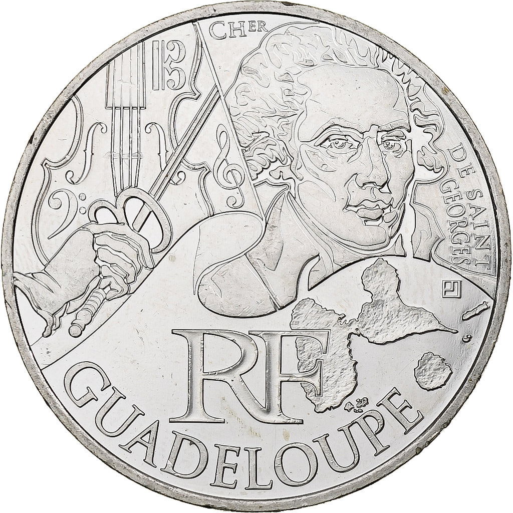 Francja, 10 Euro, Guadeloupe, 2012, MDP, Srebro, MS(63)