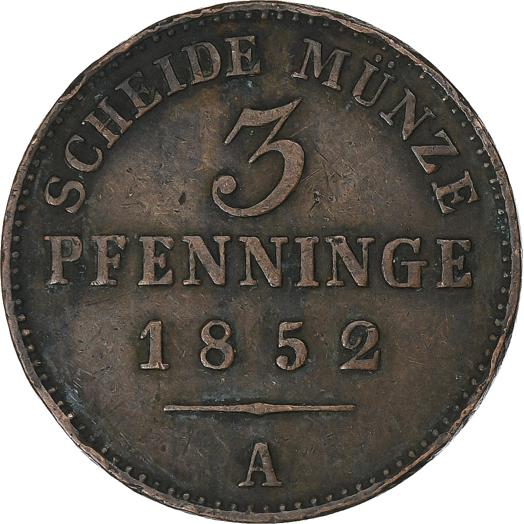 German States, PRUSSIA, Friedrich Franz II, 3 Pfenninge, 1852, Berlin, Copper