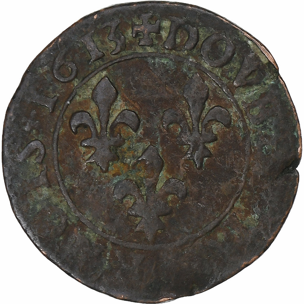 France, Louis XIII, Double Tournois, 1613, Lyon, Copper, F(12-15)