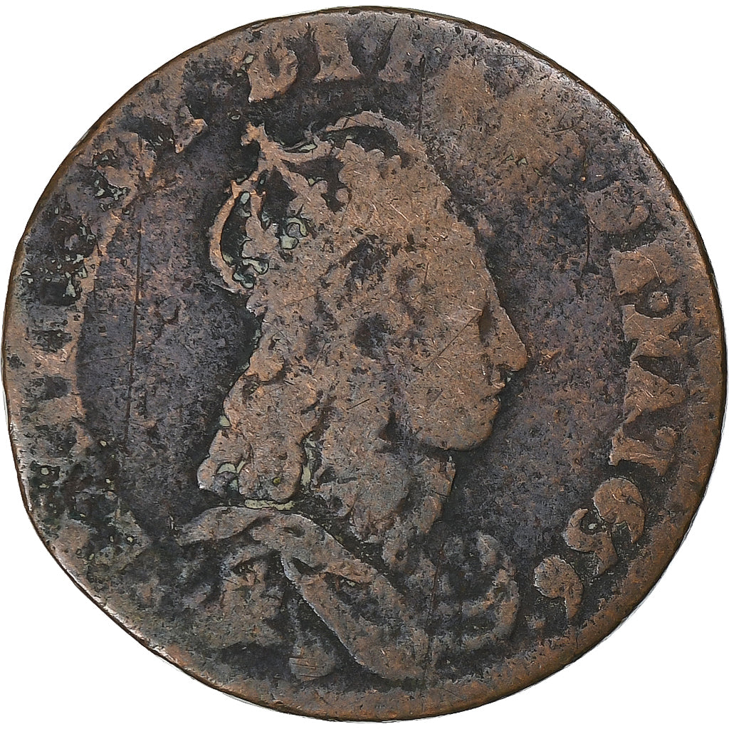France, Louis XIV, Liard de France, 1656, Meung-sur-Loire, Copper, VF(20-25)