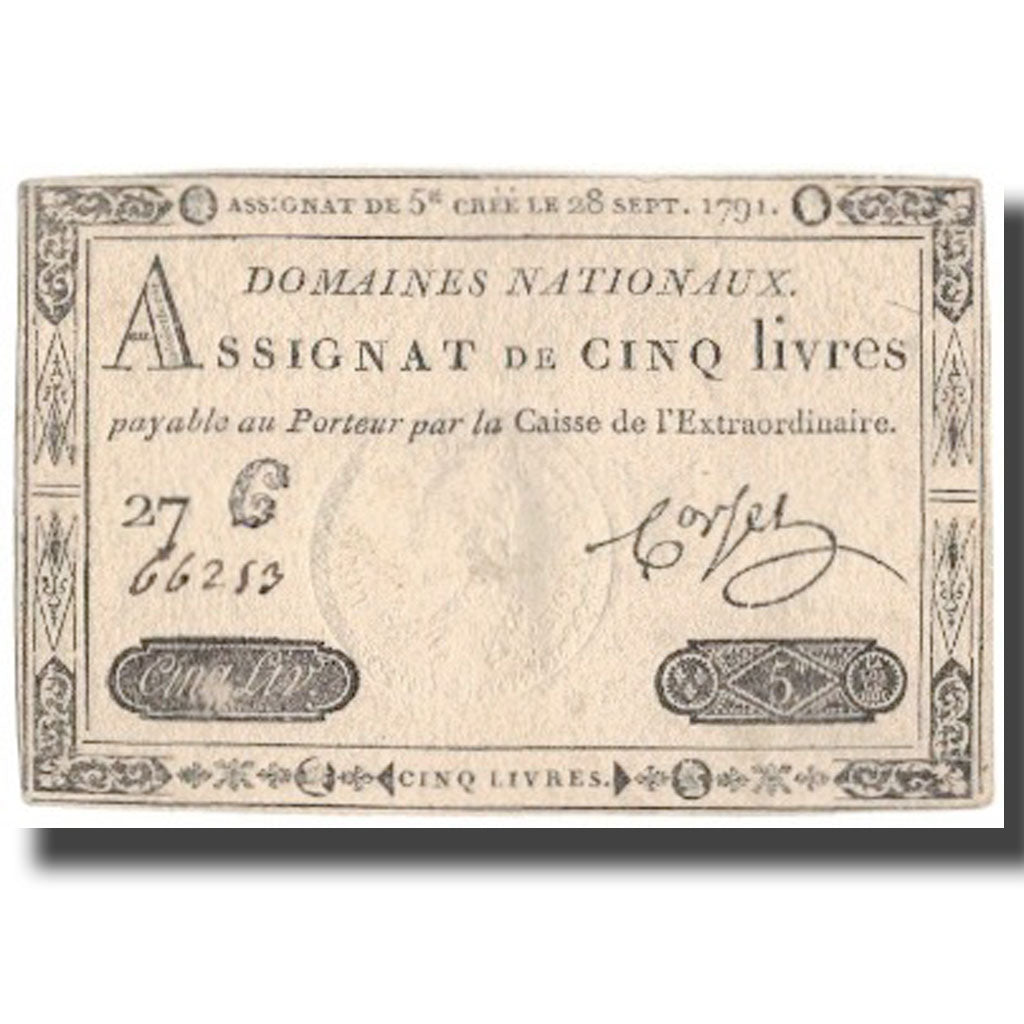 France, 5 Livres, 1791, Corset, 1791-09-28, AU(55-58), KM:A49, Lafaurie:144