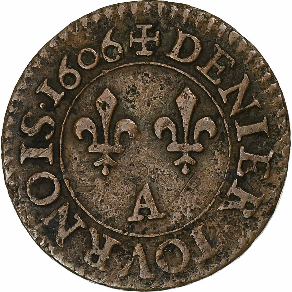 France, Henri IV, Denier Tournois, 1606, Paris, Cuivre, TB+
