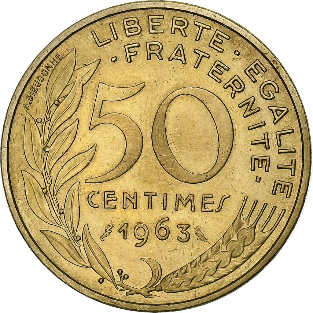 France, 50 Centimes, Marianne, 1963, Paris, Aluminum-Bronze, AU(55-58)
