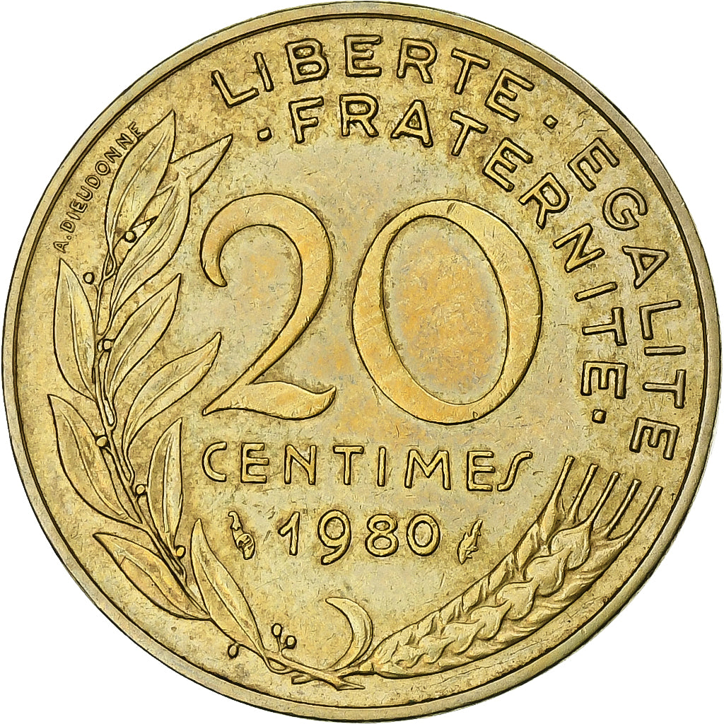 France, 20 Centimes, Marianne, 1980, Paris, Aluminum-Bronze, MS(60-62)