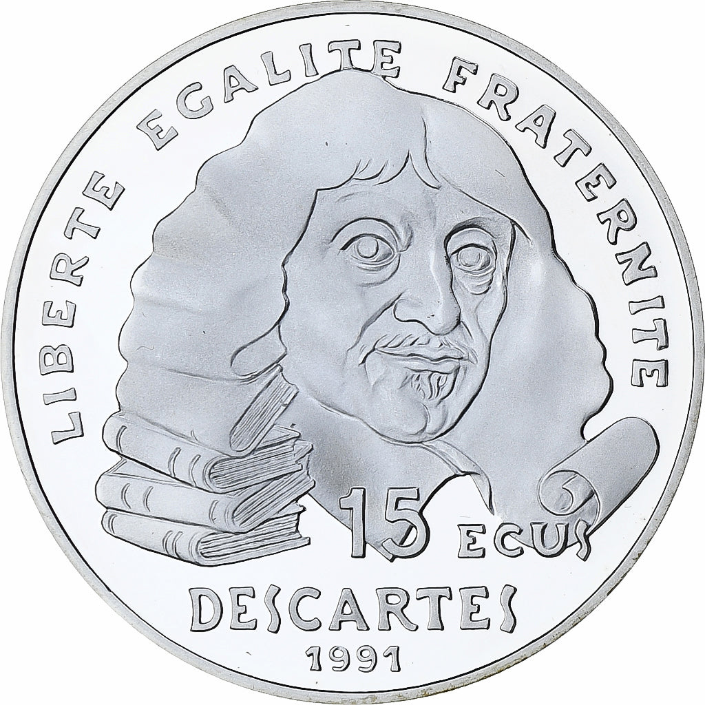 France, 100 Francs-15 Ecus, Descartes, 1991, MDP, Proof, Silver, MS(65-70)