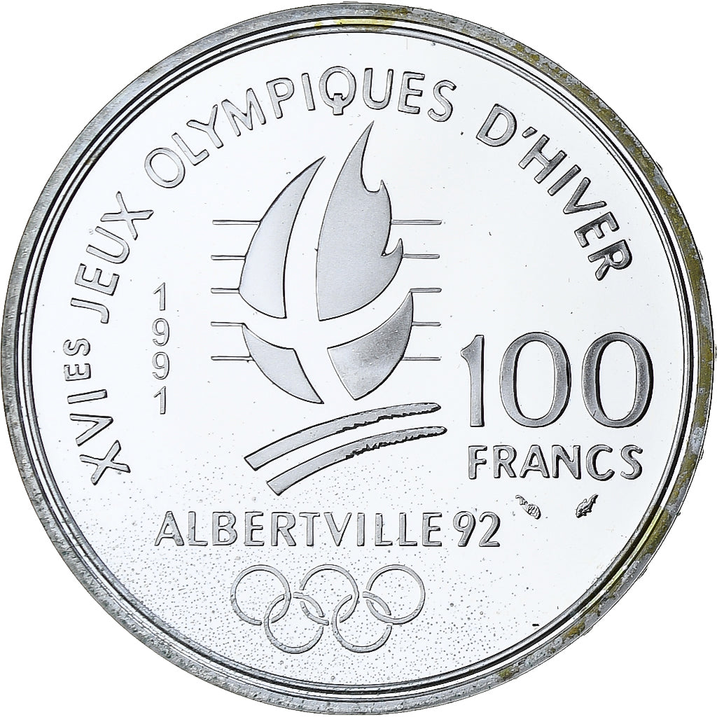 France, 100 Francs, 1992 Olympics, Albertville, Ski Jumping, 1991, MDP, Silver