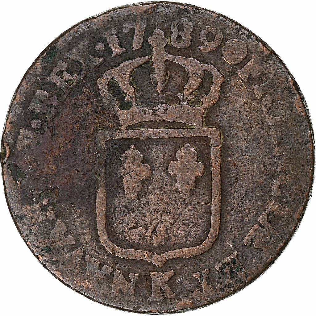 France, Louis XVI, Sol, 1789, Bordeaux, Copper, F(12-15), Gadoury:350