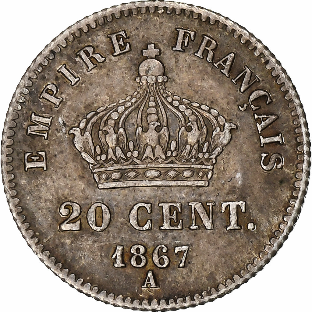 France, Napoleon III, 20 Centimes, 1867, Paris, Silver, AU(55-58)