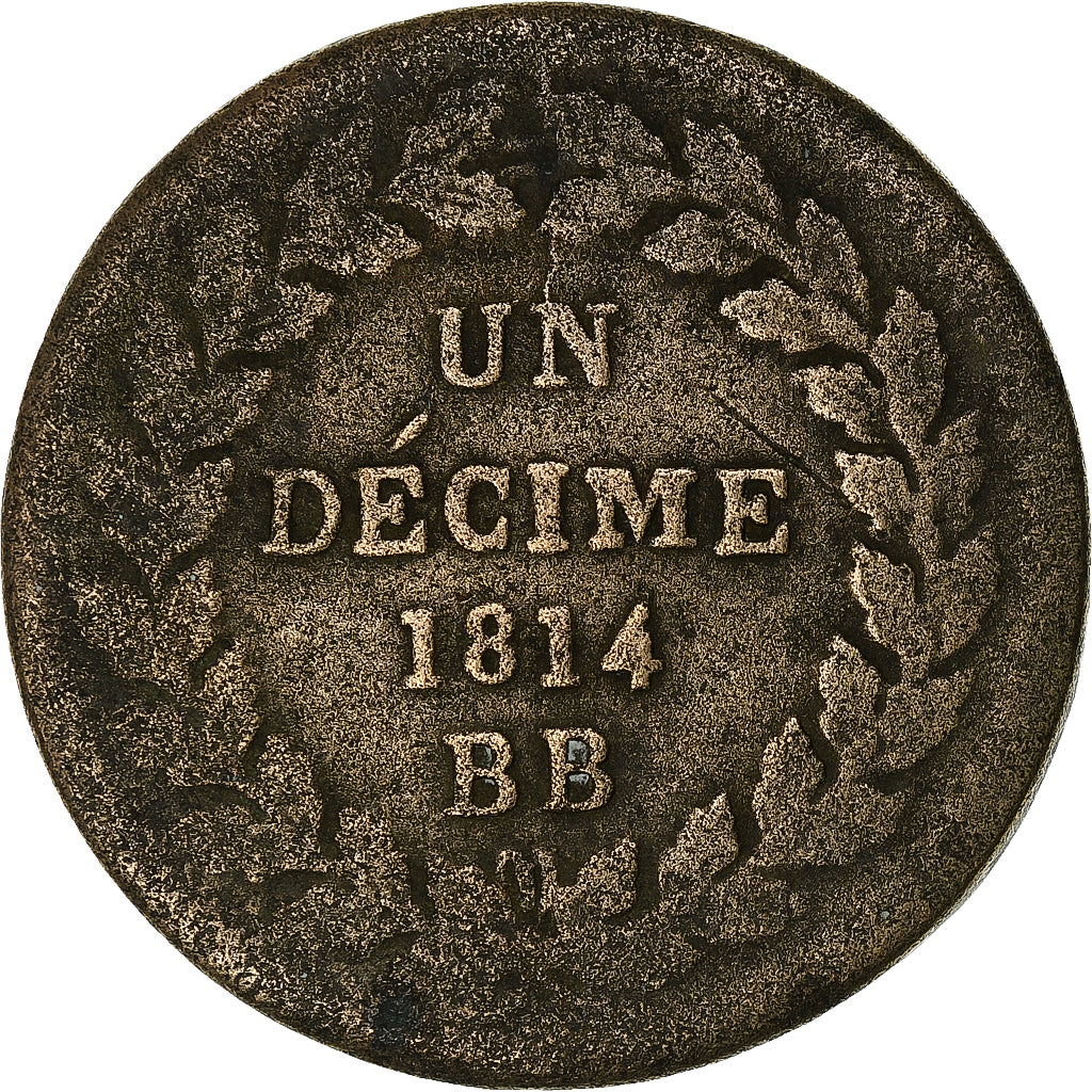 Francia, Napoleon I, 1 Décime, 1814, Strasbourg, Bronce, BC+, Gadoury:195a