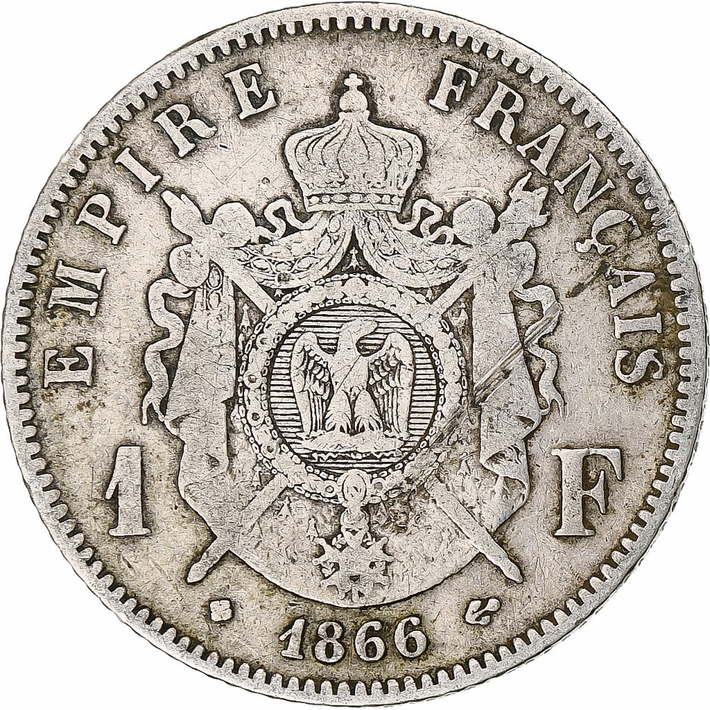 Francia, Napoleon III, 1 Franc, 1866, Strasbourg, Plata, BC+, Gadoury:463