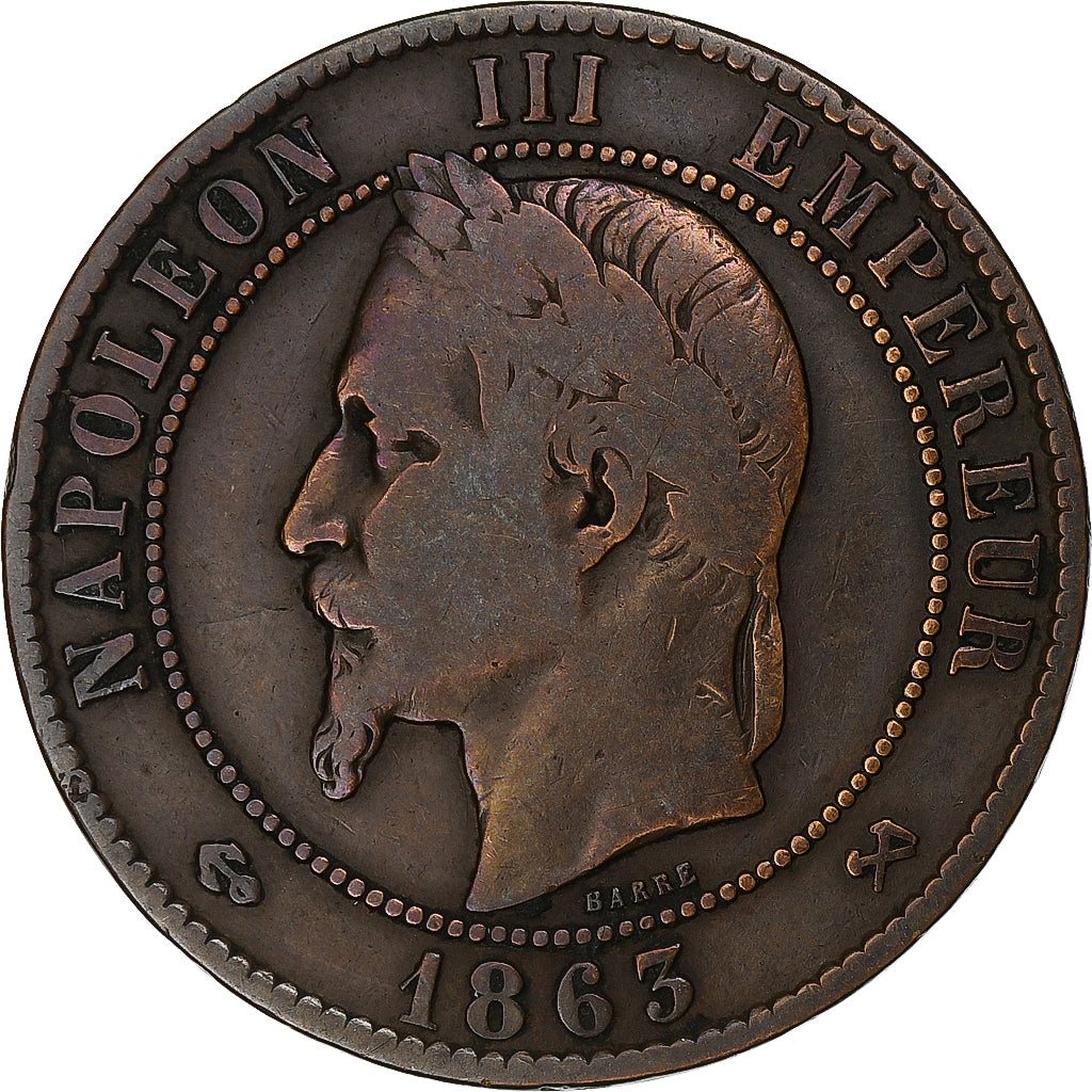 France, Napoleon III, 10 Centimes, 1863, Bordeaux, Bronze, VF(20-25)