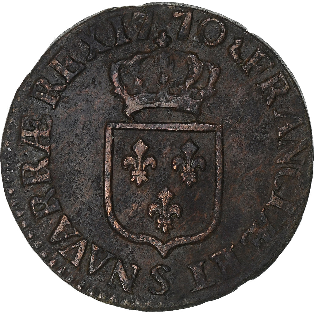França, Louis XV, 1/2 Sol à la vieille tête, 1770, Reims, Cobre, EF(40-45)
