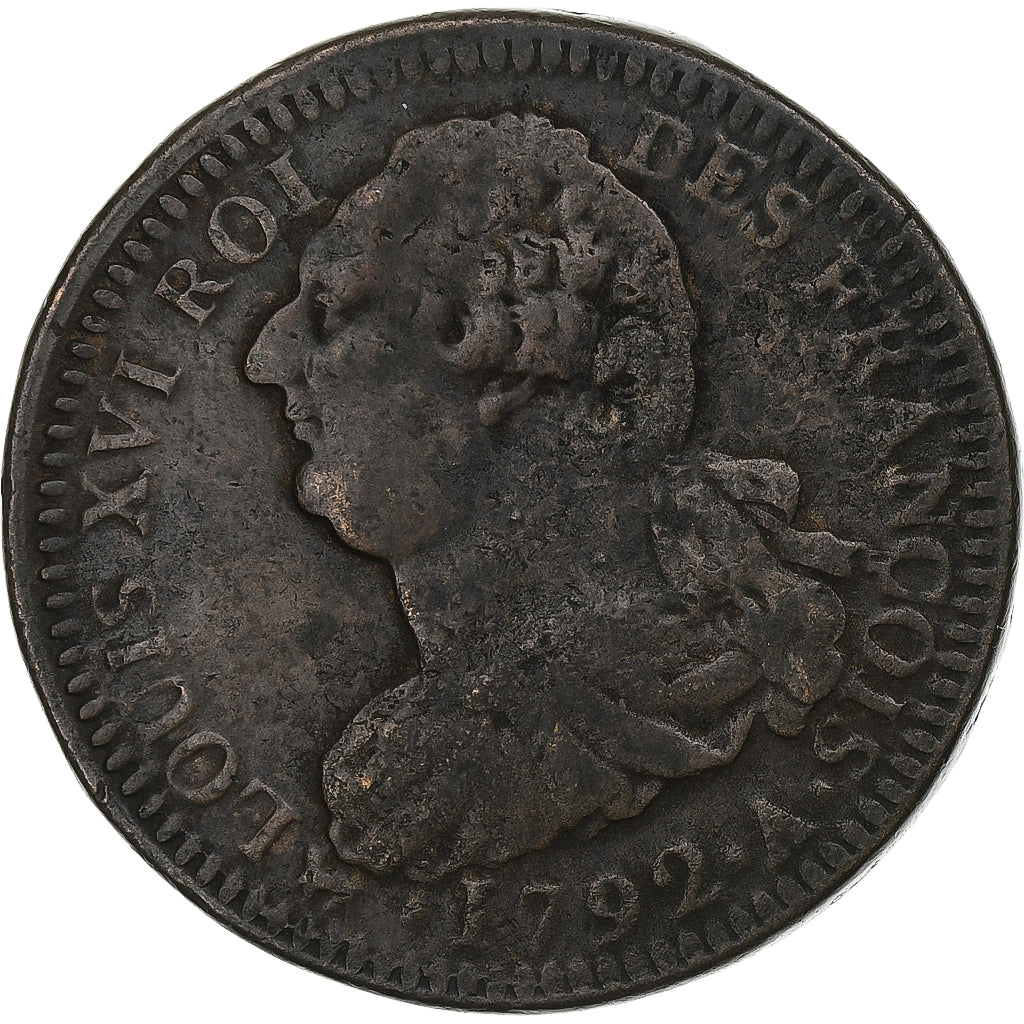 France, Louis XVI, 2 Sols, 1792 / AN 4, Paris, Bronze, VF(30-35), Gadoury:25