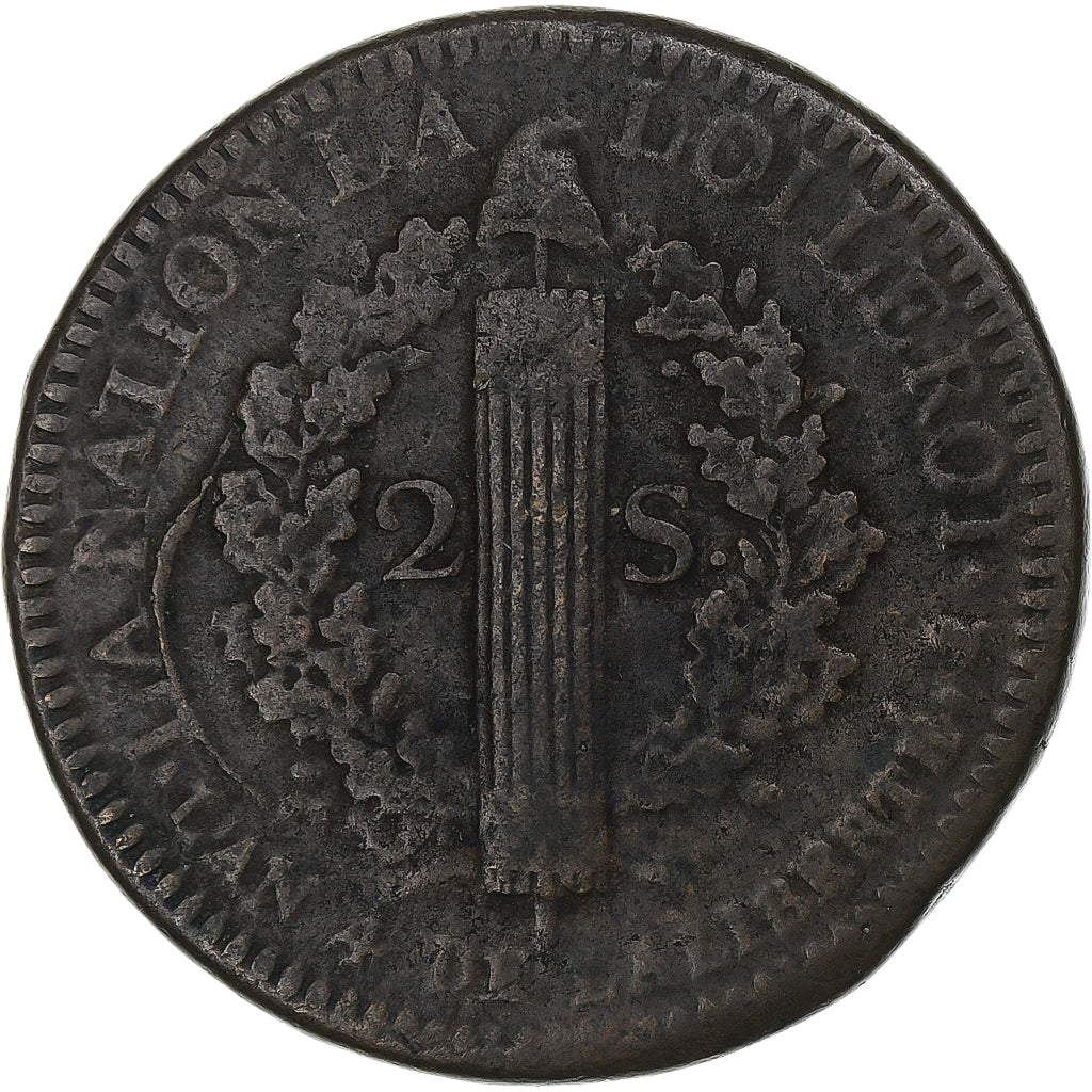 France, Louis XVI, 2 Sols, 1792 / AN 4, Paris, Bronze, VF(30-35), Gadoury:25