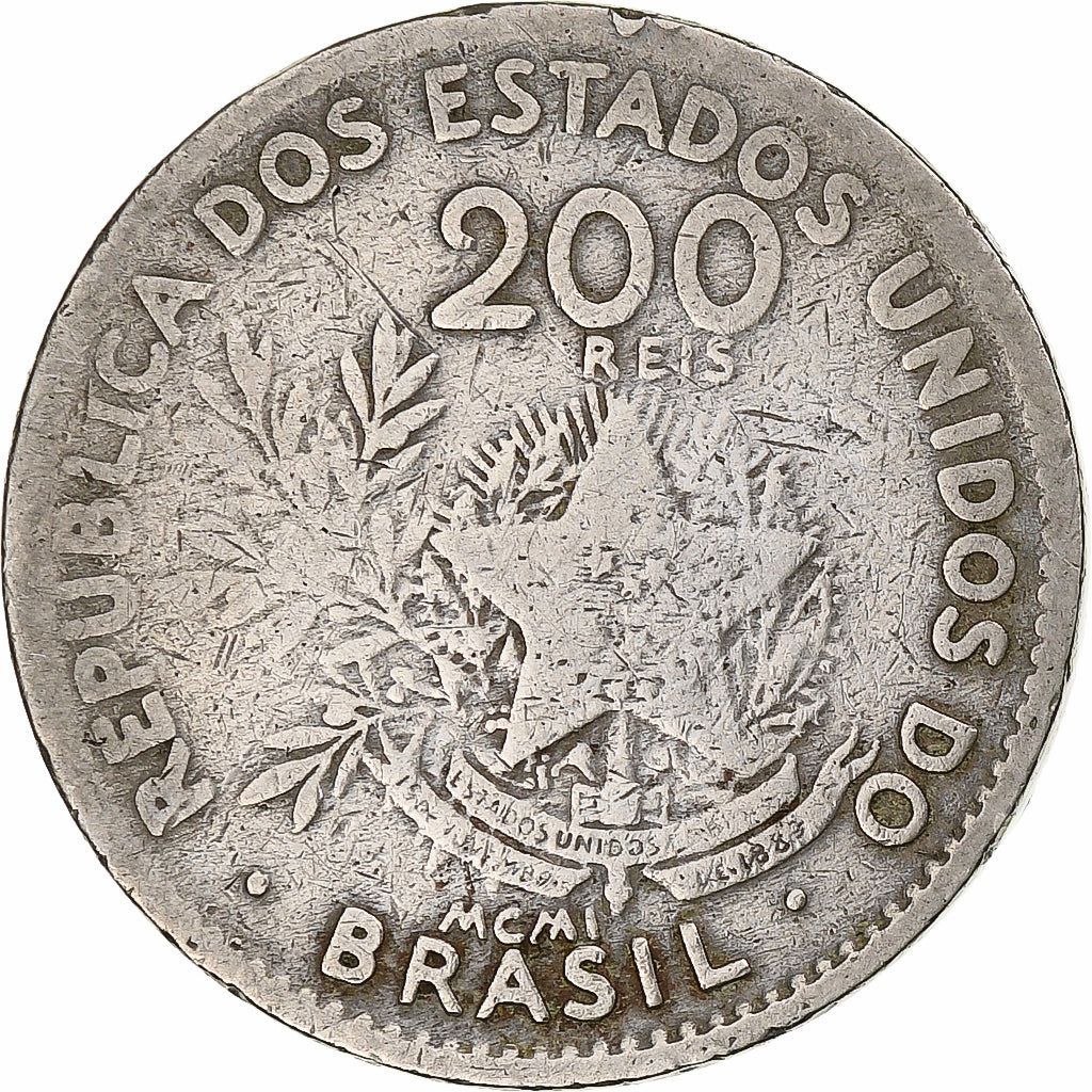 Brazil, 200 Reis, Liberty, 1901, Copper-nickel, F(12-15), KM:504