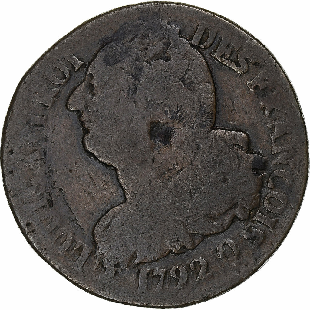 France, Louis XVI, 2 Sols, 1792 / AN 4, Perpignan, Bronze, F(12-15), Gadoury:25