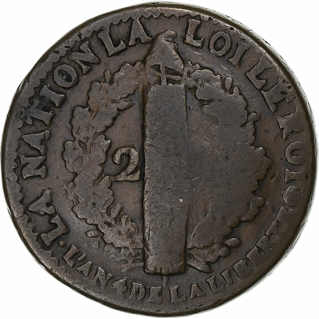 France, Louis XVI, 2 Sols, 1792 / AN 4, Perpignan, Bronze, F(12-15), Gadoury:25