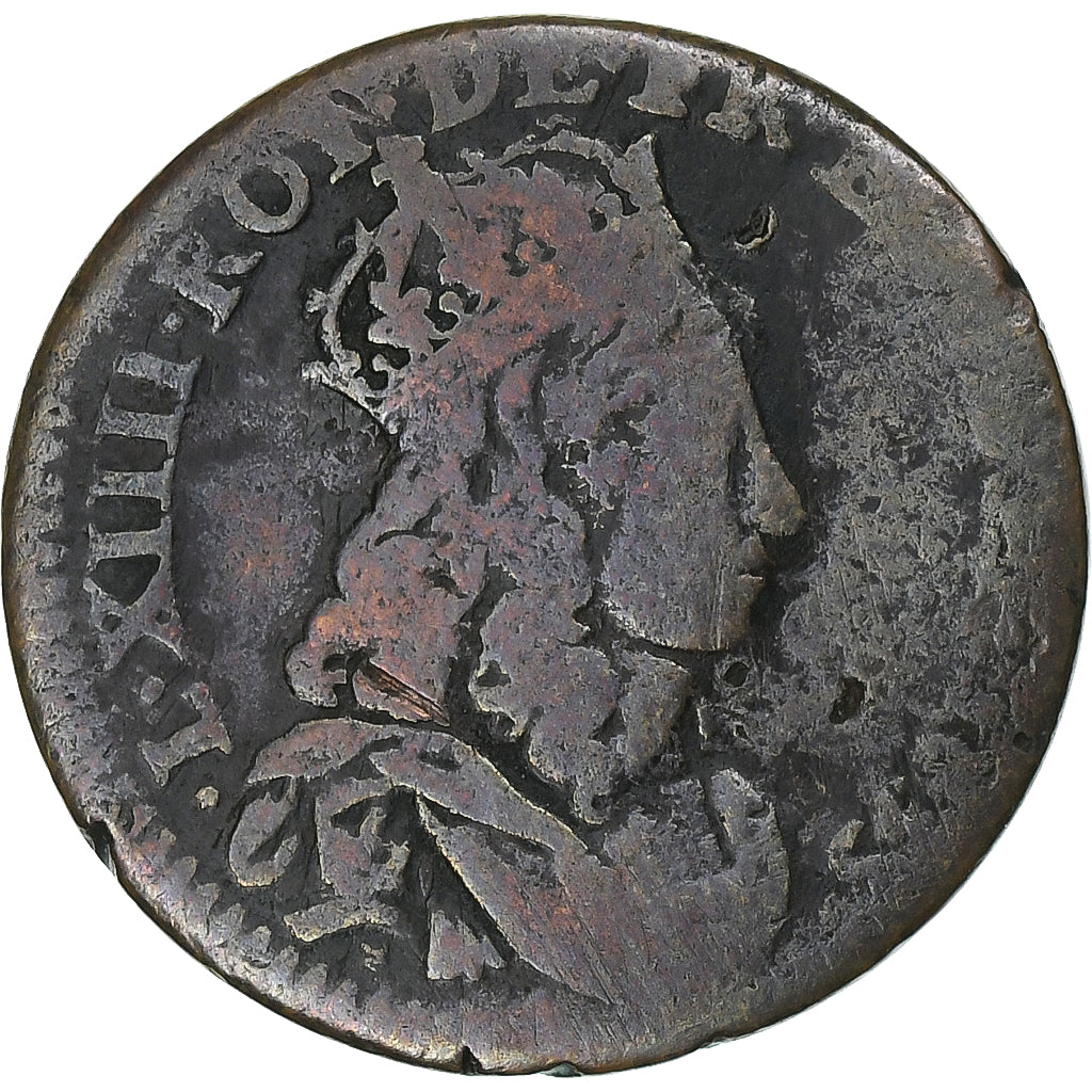 France, Louis XIV, Liard de France, 165[?], Pont-de-l'Arche, Copper, VF(20-25)