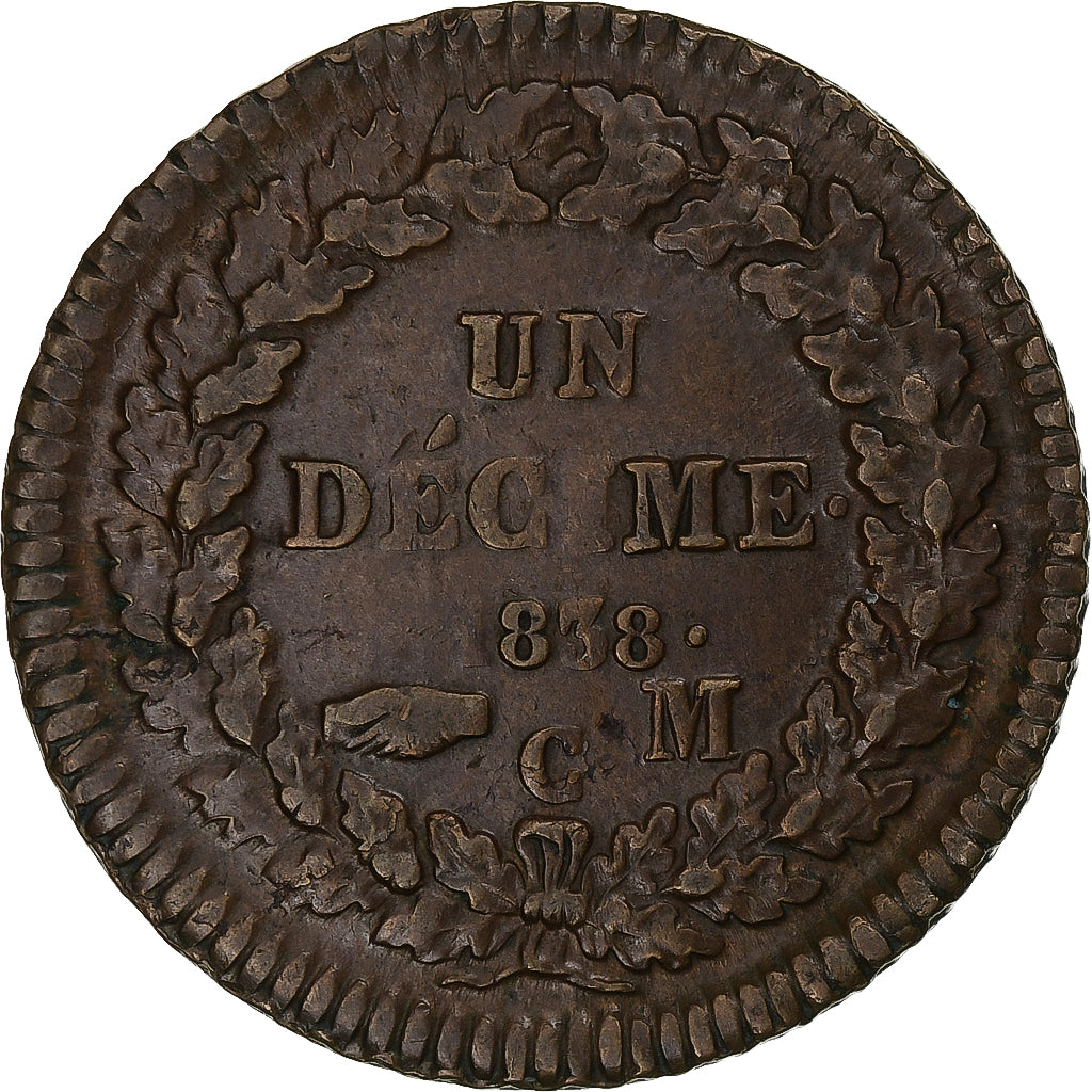 Monaco, Honore V, Decime, 1838, Monaco, Fautée, Bronze, EF(40-45)