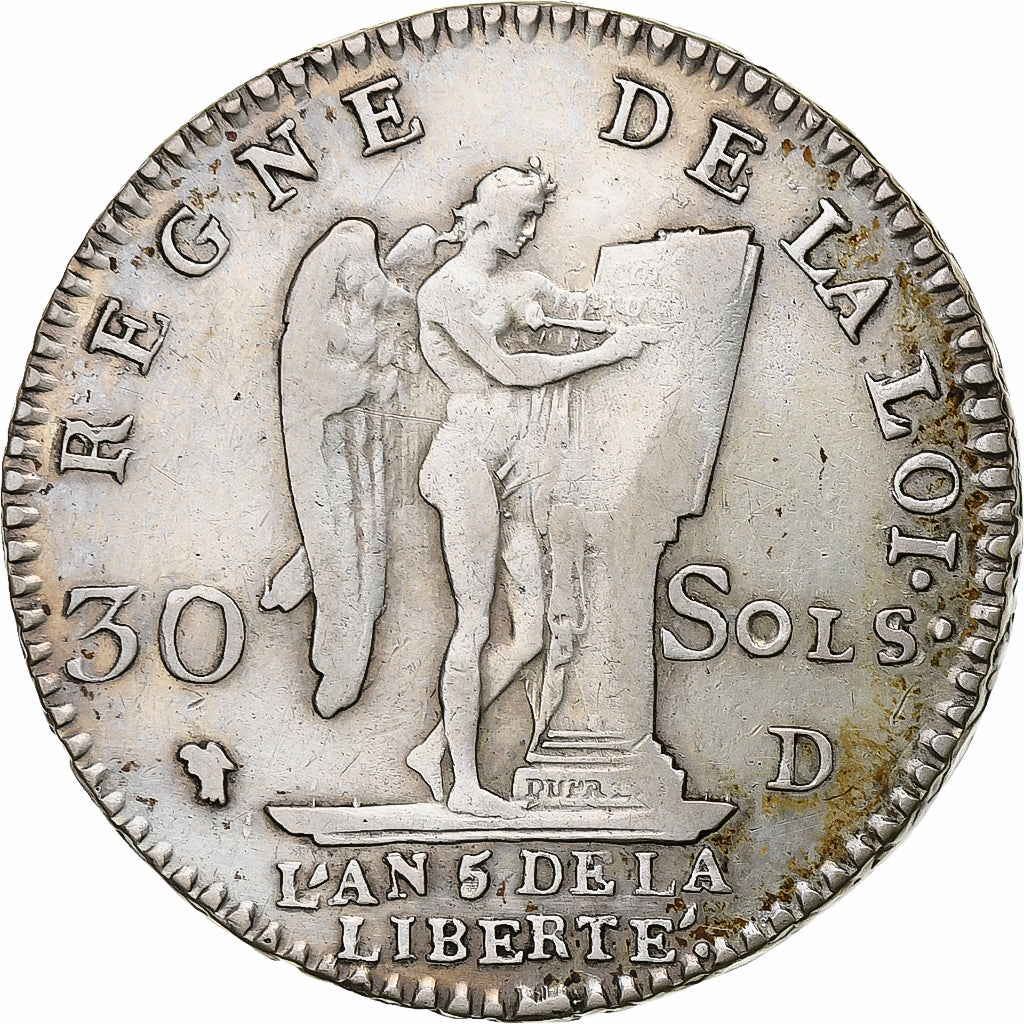 France, Louis XVI, 30 Sols, 1793 / AN 5, Lyon, Silver, VF(30-35)