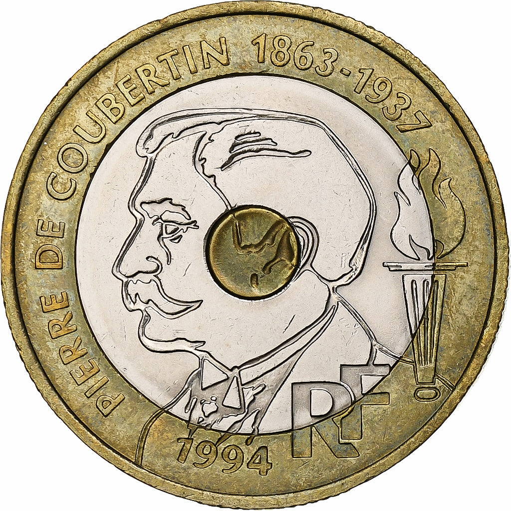 Francia, 20 Francs, Pierre de Coubertin, 1994, Paris, Tri-metallico, SPL