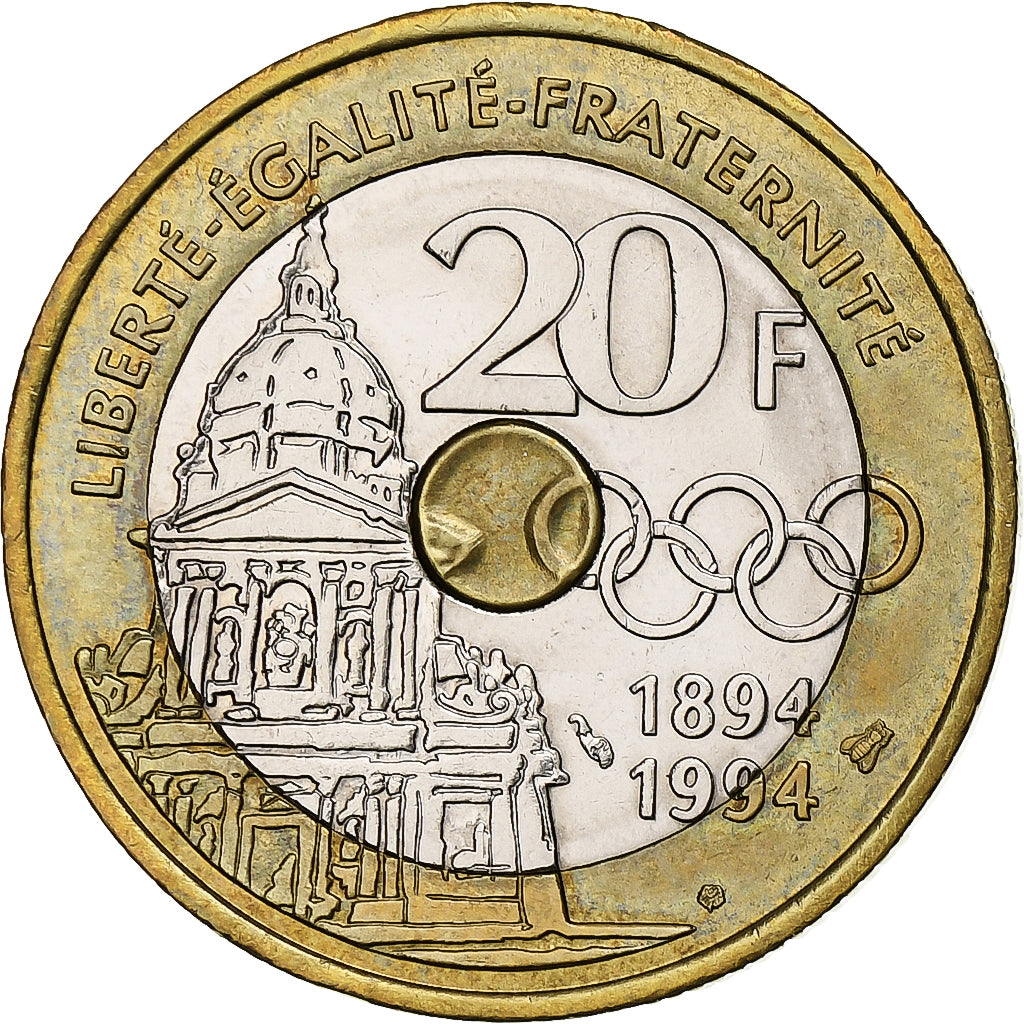 Francia, 20 Francs, Pierre de Coubertin, 1994, Paris, Tri-metallico, SPL