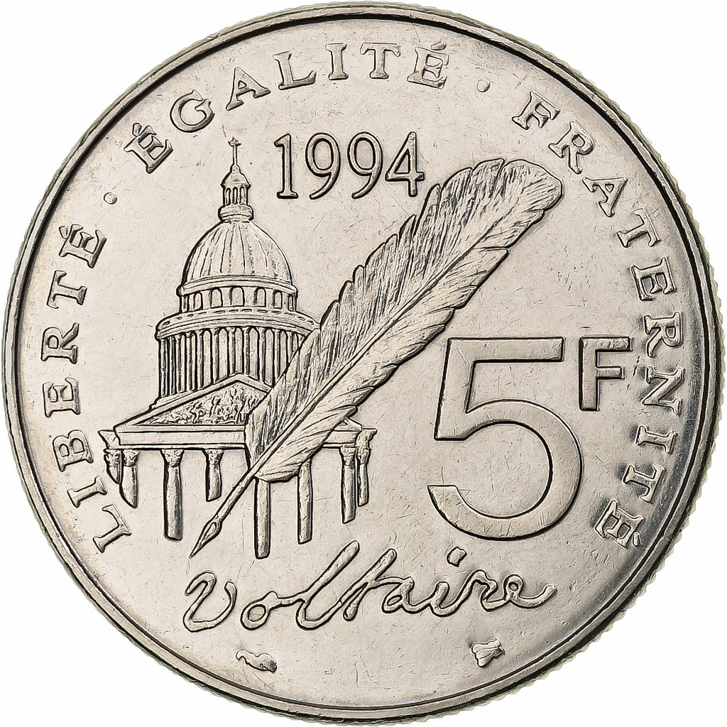 Frankreich, 5 Francs, Voltaire, 1994, Paris, Nickel Clad Copper-Nickel, VZ+