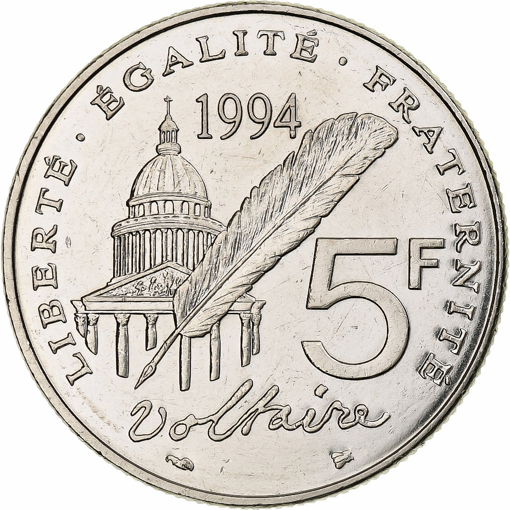 France, 5 Francs, Voltaire, 1994, Paris, Nickel Clad Copper-Nickel, AU(55-58)
