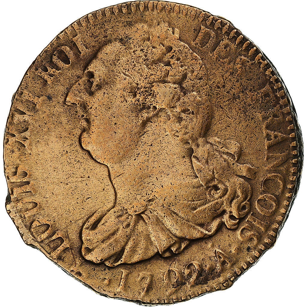 Francia, Louis XVI, 2 Sols, 1792 / AN 4, Paris, Bronce, MBC, Gadoury:25