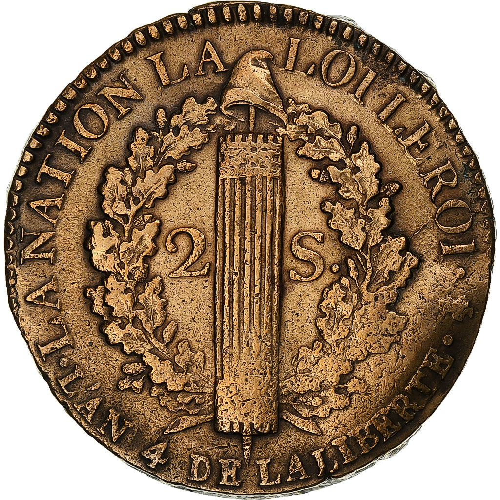 Francia, Louis XVI, 2 Sols, 1792 / AN 4, Paris, Bronce, MBC, Gadoury:25