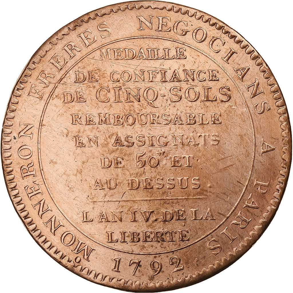France, Monneron de 5 Sols, 1792 / AN 4, Birmingham, Bronze, EF(40-45)
