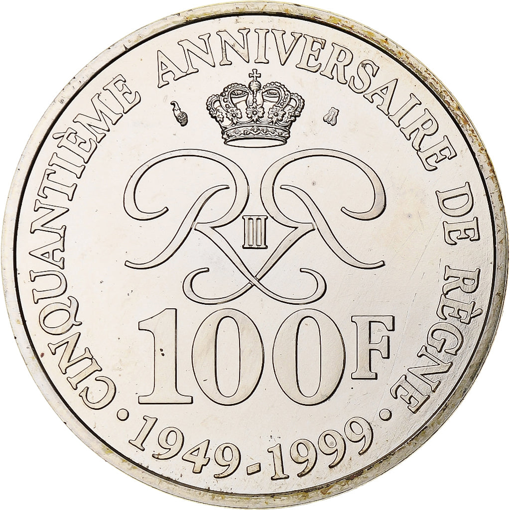 Monaco, Rainier III, 100 Francs, 50e anniversaire de règne, 1999, Silber, UNZ+