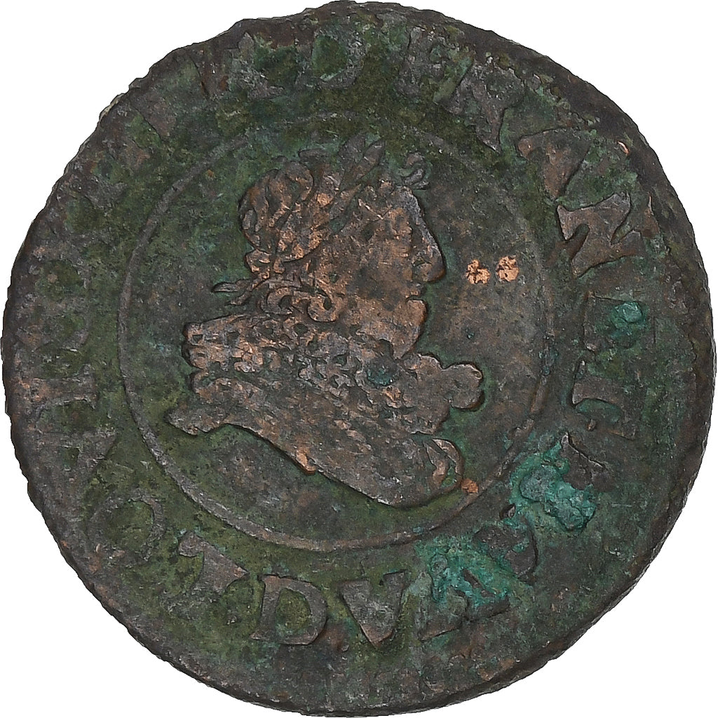 France, Louis XIII, Double Tournois, 1633, Lyon, Copper, VF(20-25)