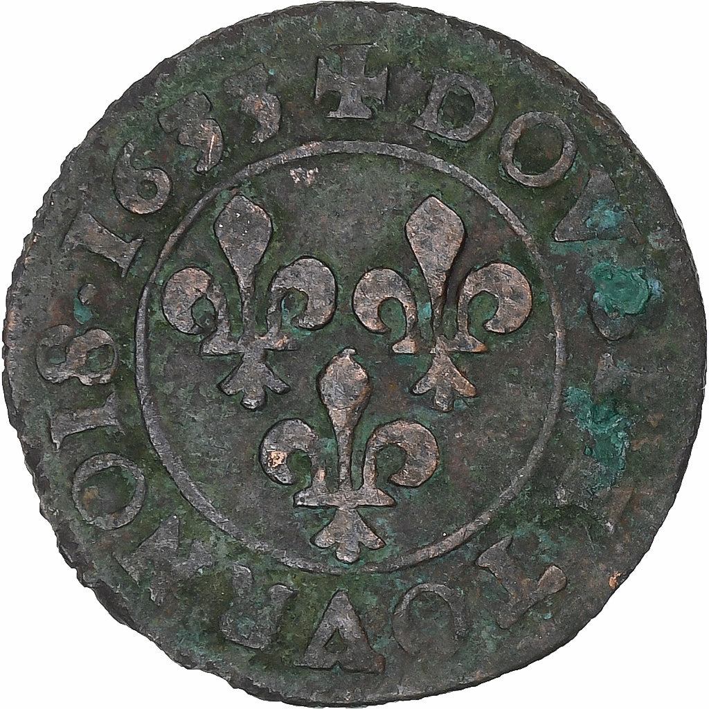 France, Louis XIII, Double Tournois, 1633, Lyon, Copper, VF(20-25)