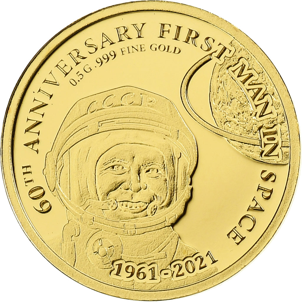 Fiji, 5 Dollars, Yuri Gagarin, 2021, Proof, Gold, MS(65-70)