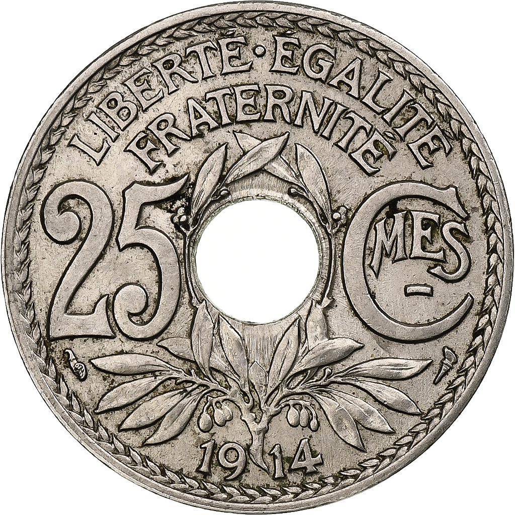 França, 25 Centimes, Lindauer, 1914, Paris, Souligné, Níquel, MS(63)