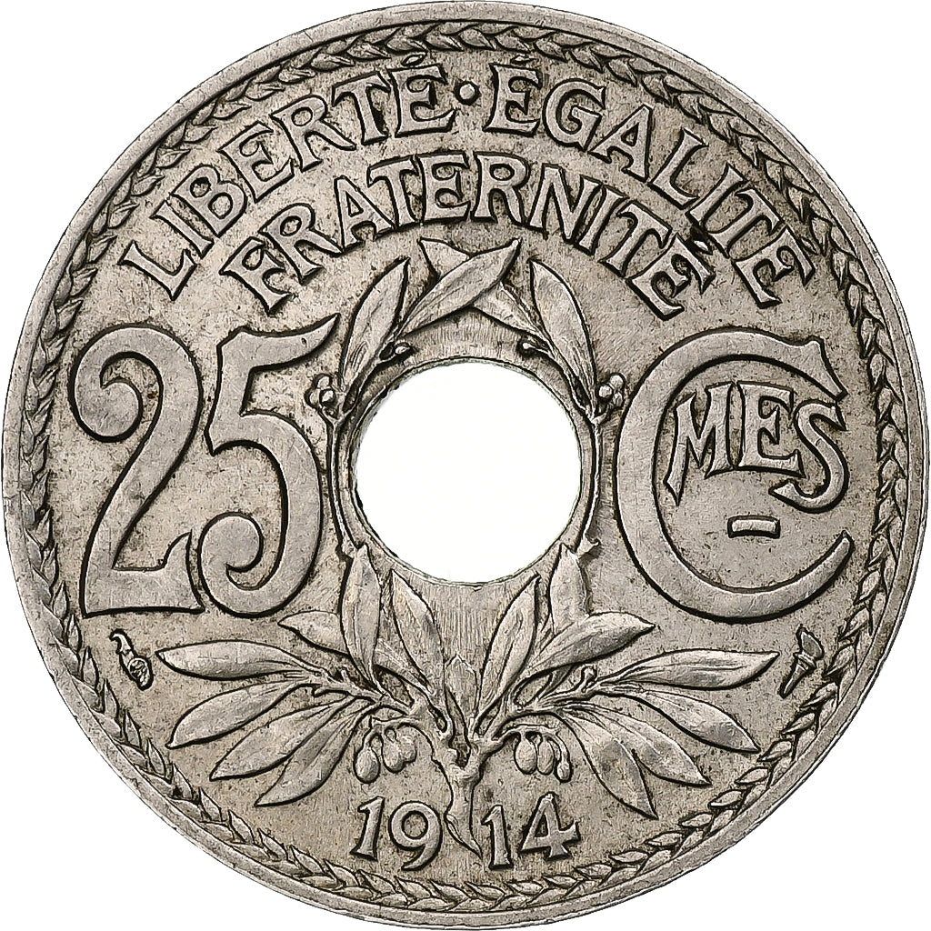 França, 25 Centimes, Lindauer, 1914, Paris, Souligné, Níquel, MS(63)