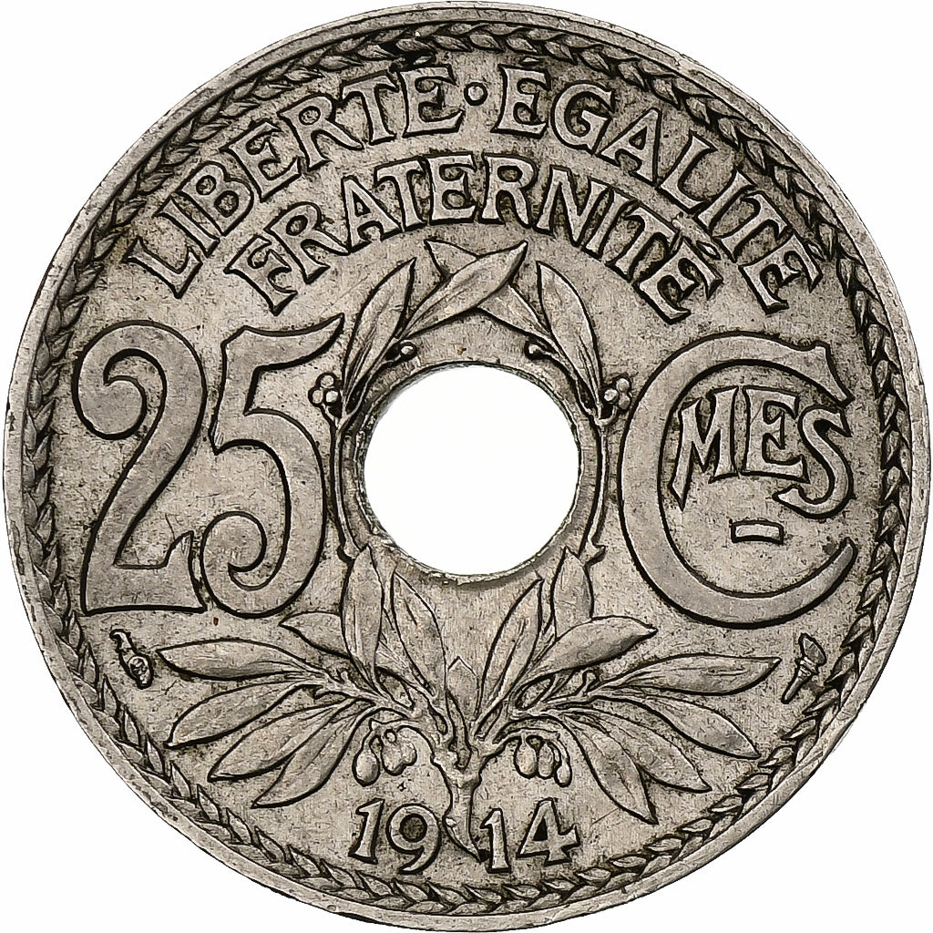 França, 25 Centimes, Lindauer, 1914, Paris, Souligné, Níquel, MS(60-62)