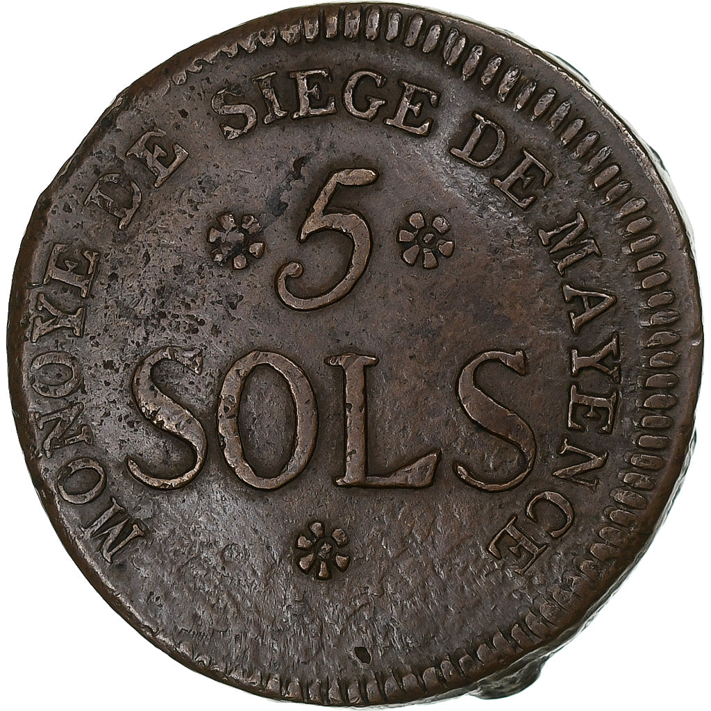 France, 5 Sols, Siège de Mayence, An II (1793), Mayence, Bronze, AU(55-58)