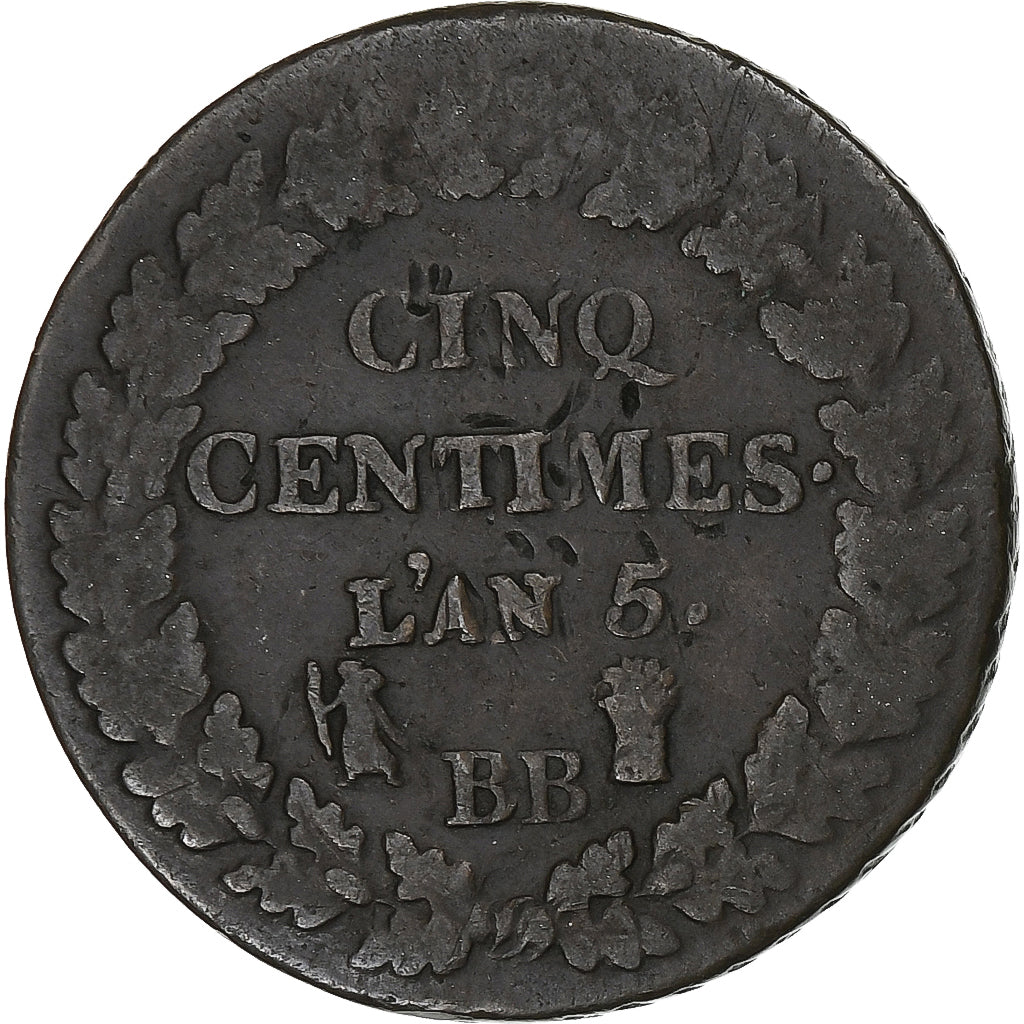 Frankrijk, 5 Centimes, Dupré, AN 5, Strasbourg, Bronzen, FR+, Gadoury:126