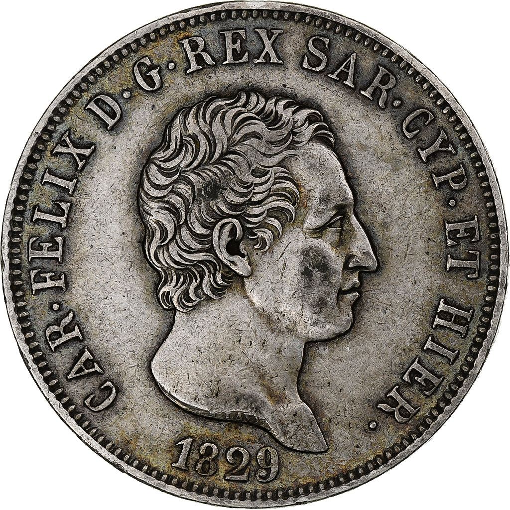 Italia, Carlo Felice, 5 Lire, 1829, Genoa, Argento, BB+