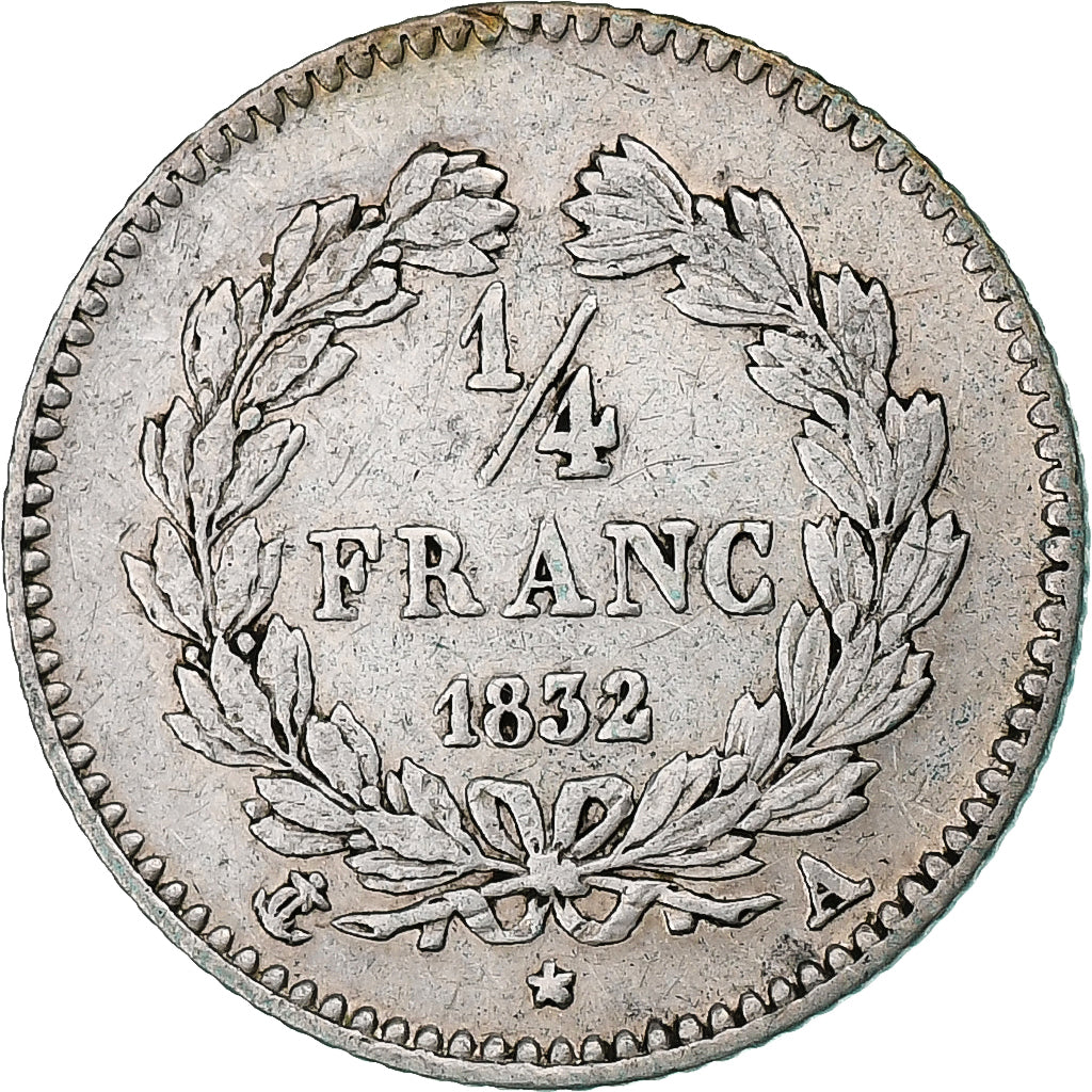França, Louis-Philippe I, 1/4 Franc, 1832, Paris, Prata, EF(40-45), Gadoury:355